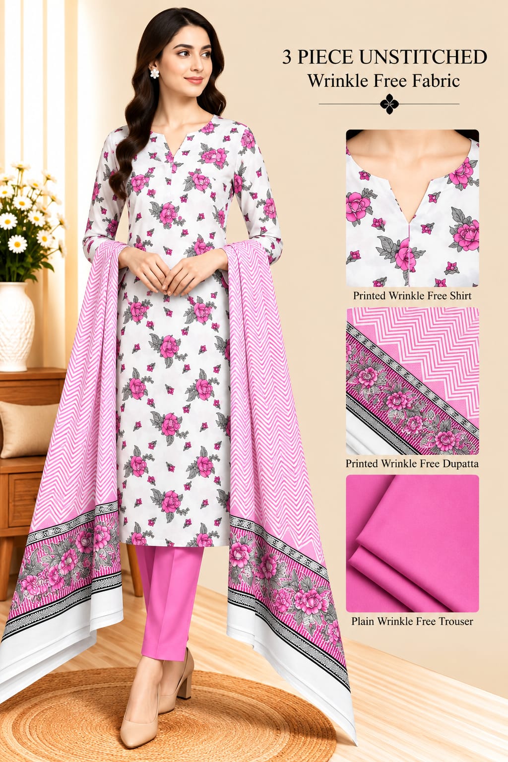 3 Piece Unstitched Wrinkle Free Fabric