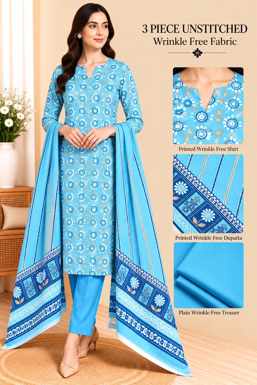 3 Piece Unstitched Wrinkle Free Fabric