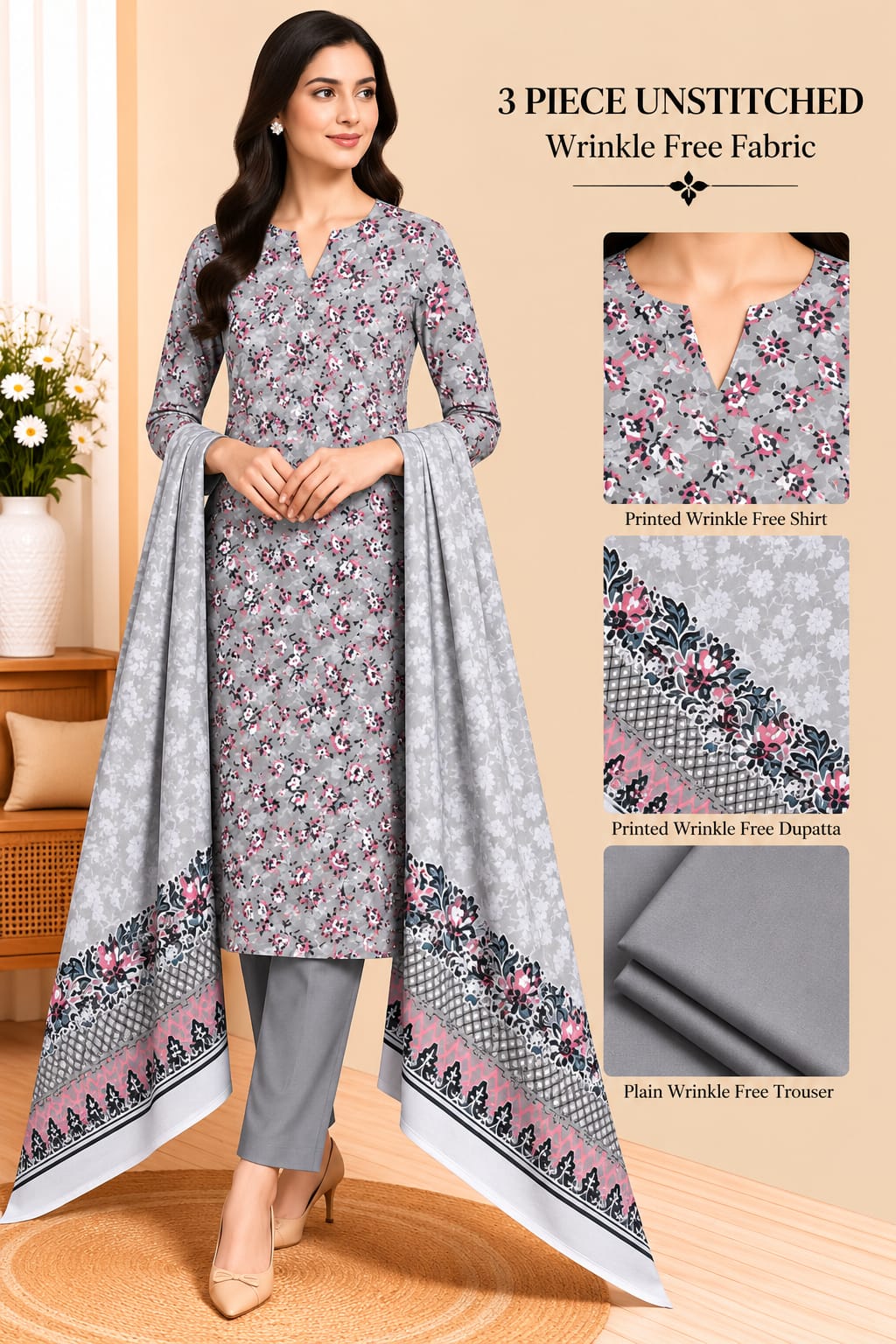 3 Piece Unstitched Wrinkle Free Fabric