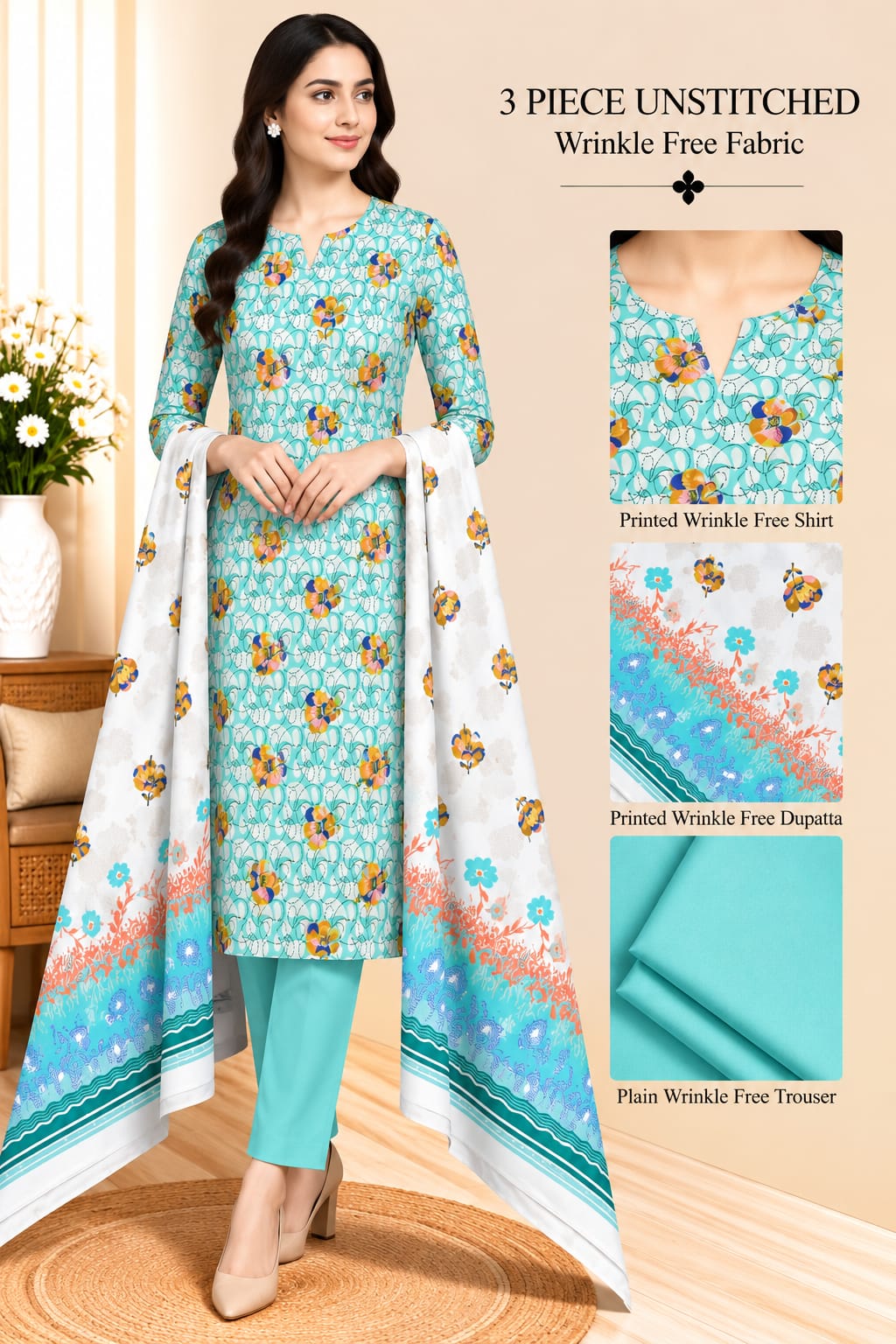 3 Piece Unstitched Wrinkle Free Fabric