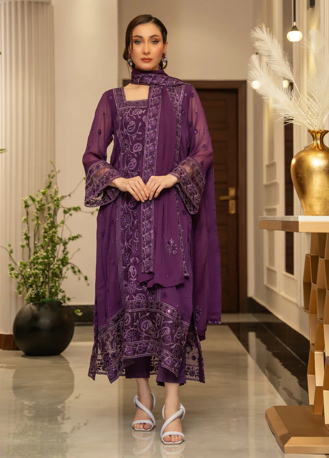 Ensembles by Zouj Embroidered Chiffon Suit Unstitched 3 Piece