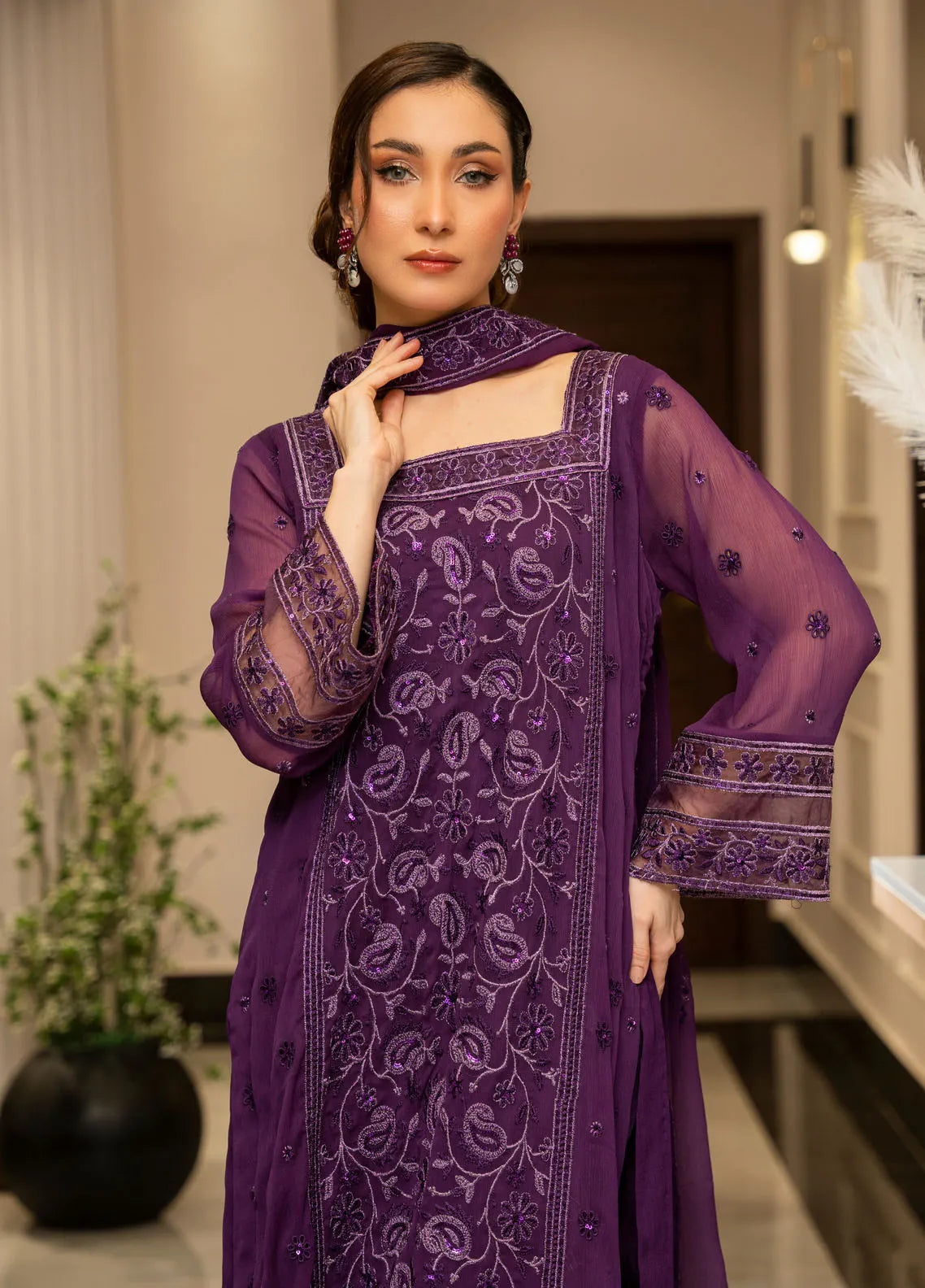 Ensembles by Zouj Embroidered Chiffon Suit Unstitched 3 Piece