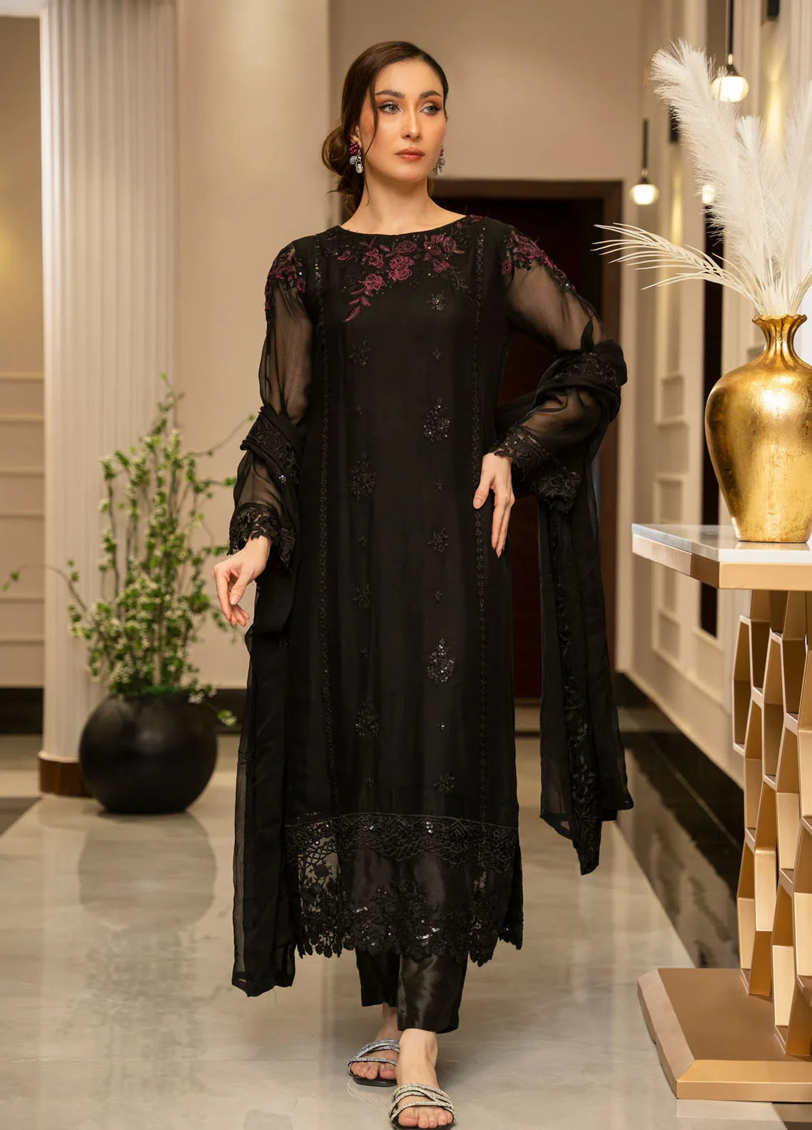 Ensembles by Zouj Embroidered Chiffon Suit Unstitched 3 Piece